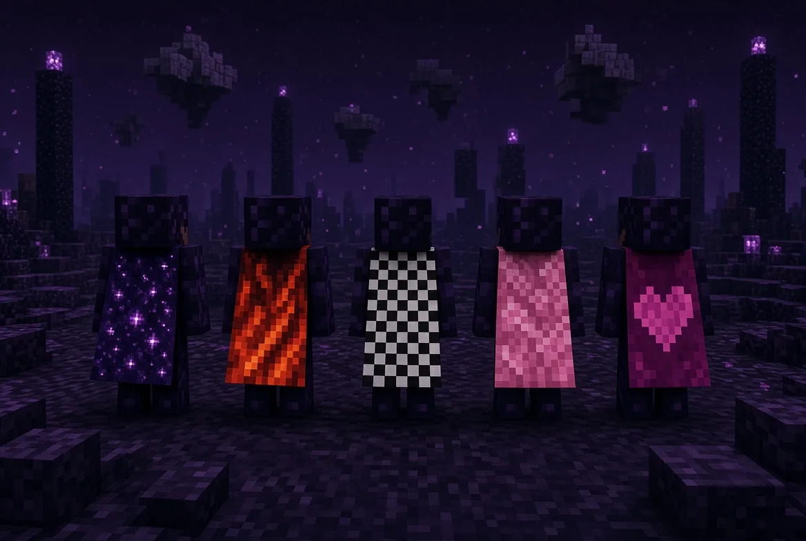 Five players in Enderman skins, seen from behind, each wearing a different cape: galaxy, flames, checkerboard, cherry blossom and a pixel heart